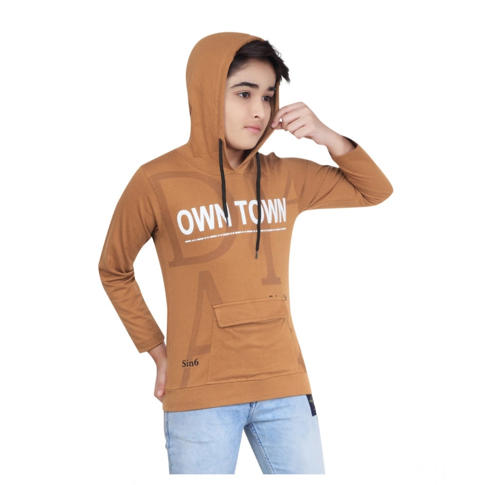 Attractive Boy's Cotton Printed Hooded Neck Hoodies (Brown)