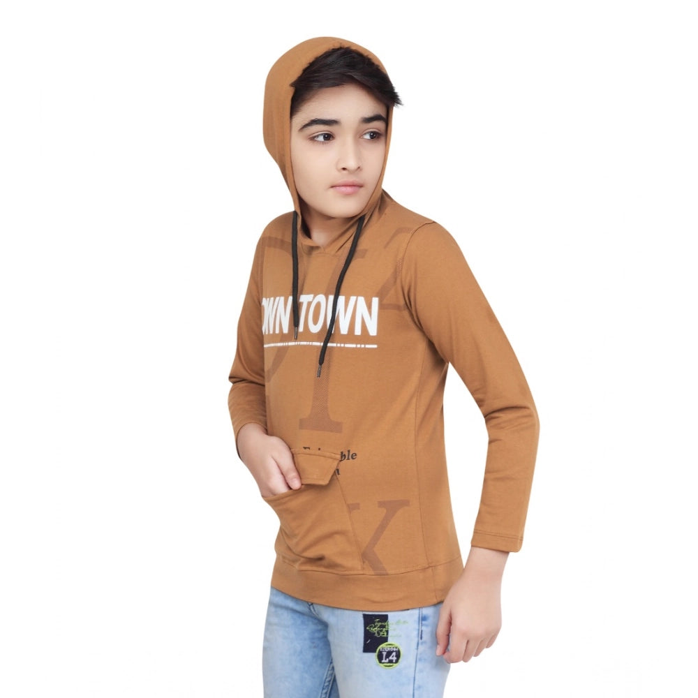 Attractive Boy's Cotton Printed Hooded Neck Hoodies (Brown)