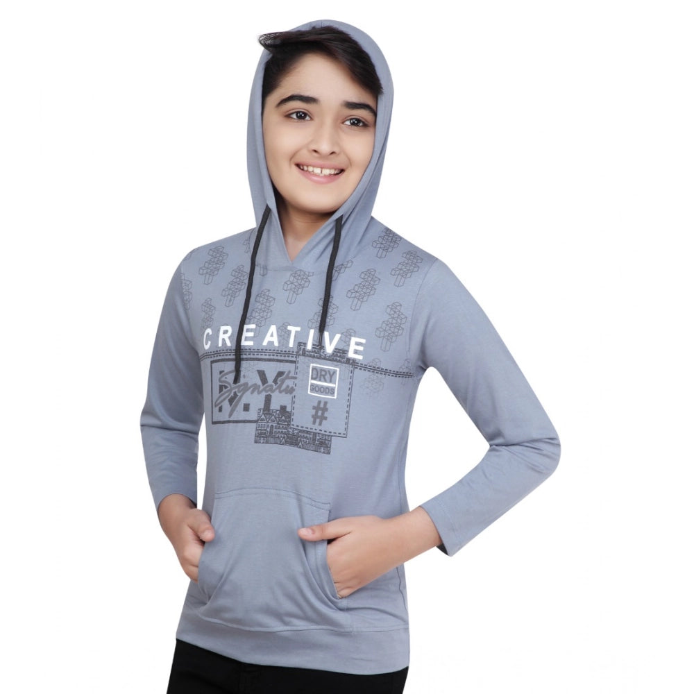 Attractive Boy's Cotton Printed Hooded Neck Hoodies (Steel Blue)