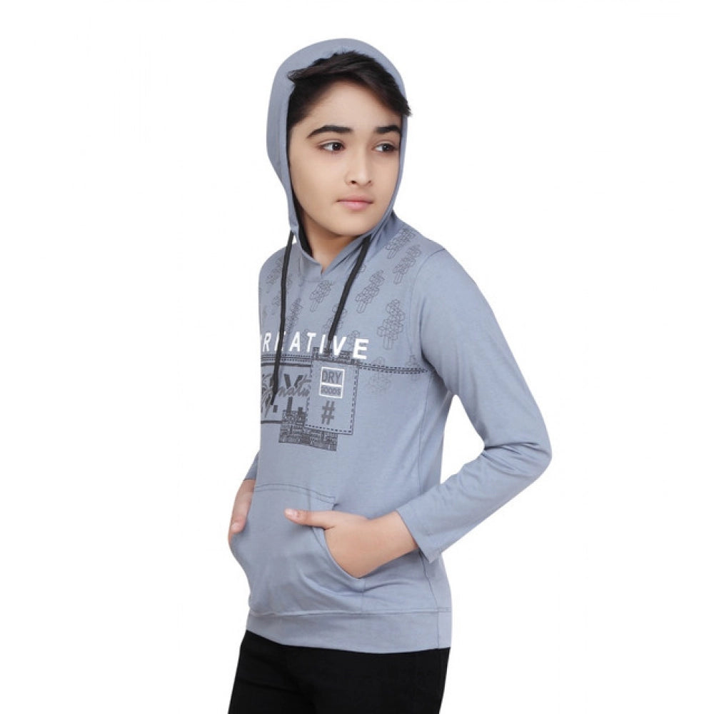 Attractive Boy's Cotton Printed Hooded Neck Hoodies (Steel Blue)