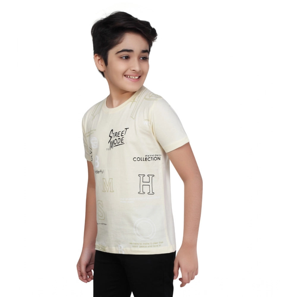 Designer Boy's Cotton Grapic Printed Round Neck T-Shirt (Beige )