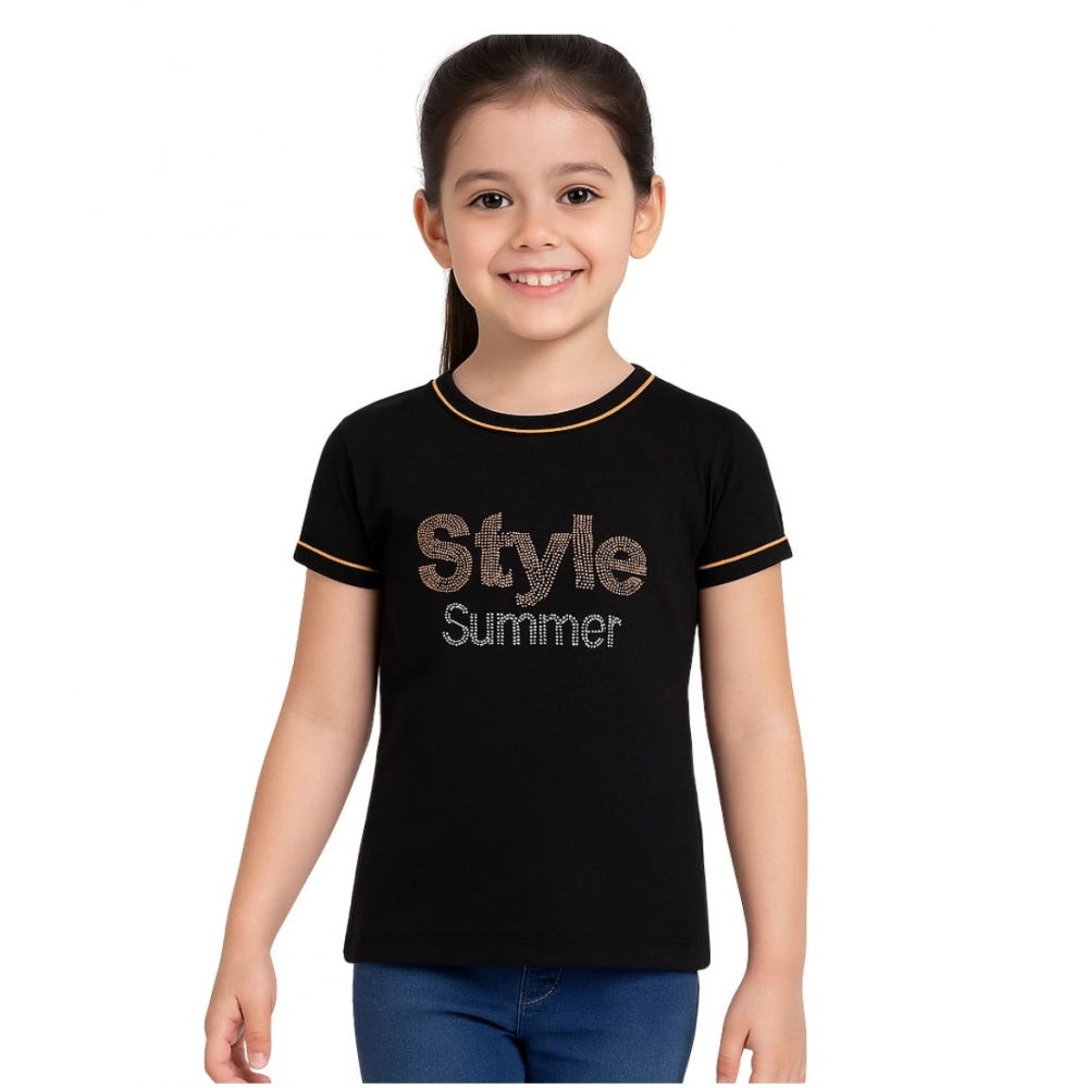 Stunning Girl's Cotton Printed Round Neck T-Shirt (Black)