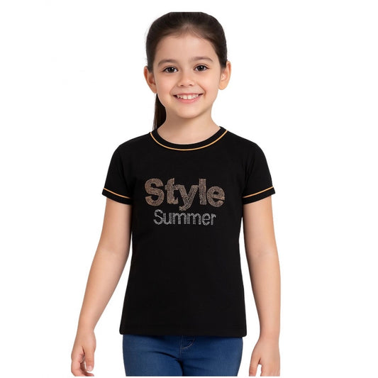 Stunning Girl's Cotton Printed Round Neck T-Shirt (Black)