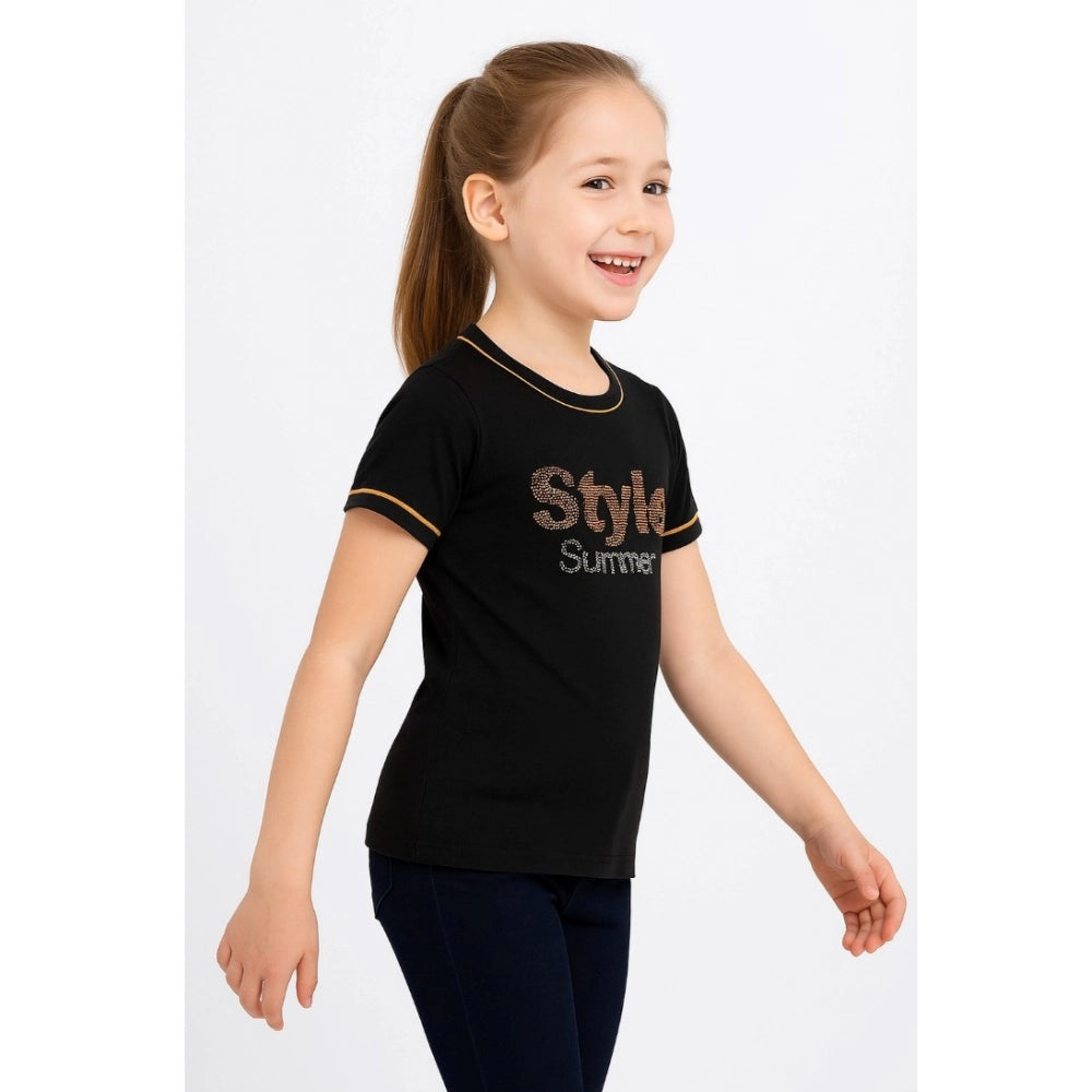Stunning Girl's Cotton Printed Round Neck T-Shirt (Black)