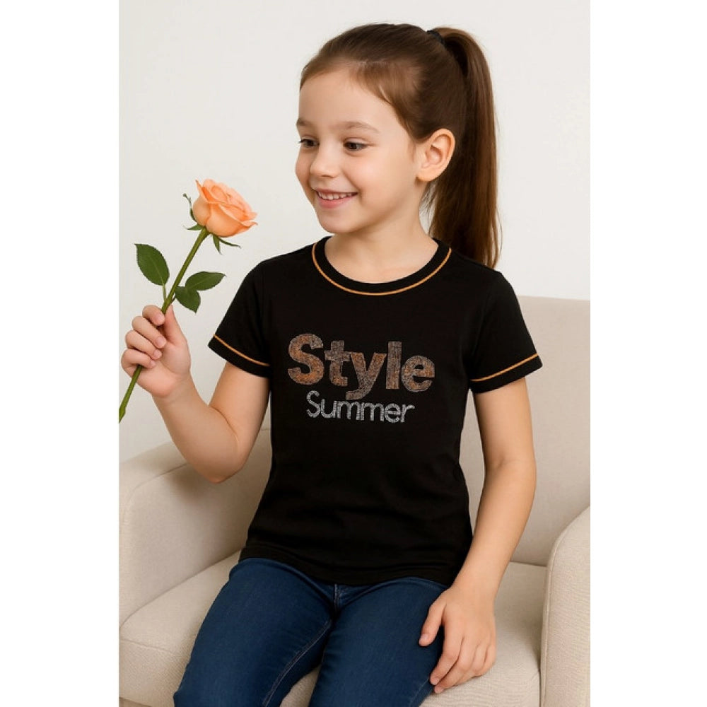 Stunning Girl's Cotton Printed Round Neck T-Shirt (Black)