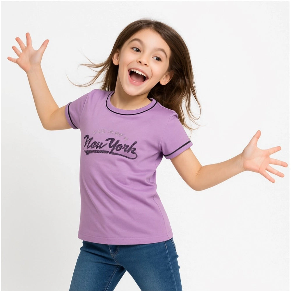 Stunning Girl's Cotton Printed Round Neck T-Shirt (Lavander)