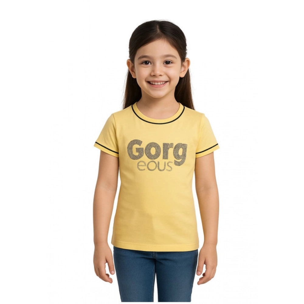 Stunning Girl's Cotton Printed Round Neck T-Shirt (Yellow)