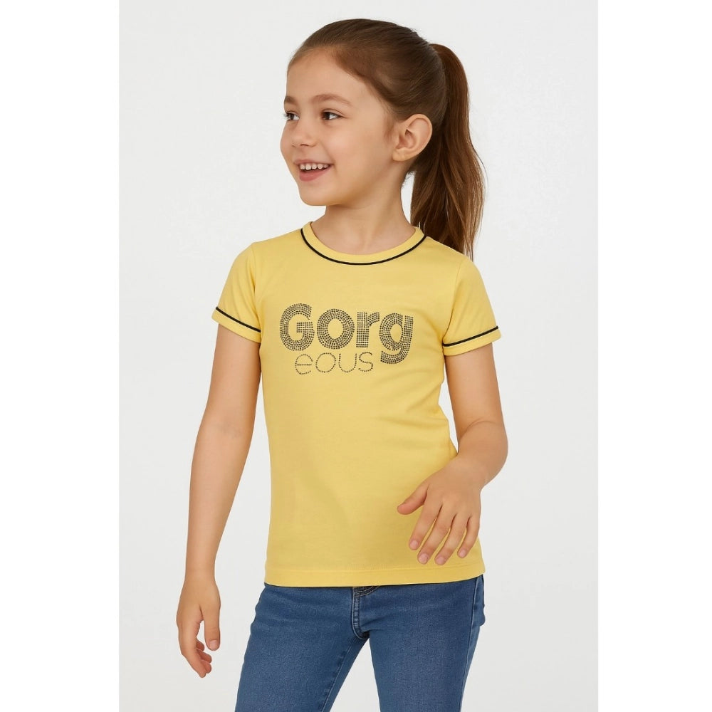 Stunning Girl's Cotton Printed Round Neck T-Shirt (Yellow)