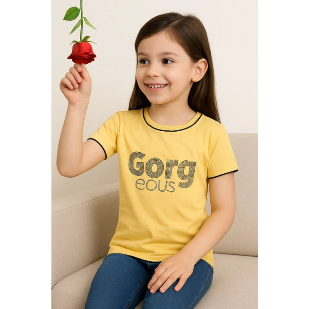 Stunning Girl's Cotton Printed Round Neck T-Shirt (Yellow)