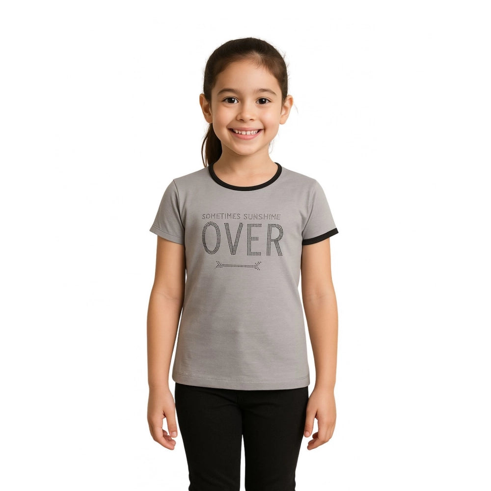 Stunning Girl's Cotton Printed Round Neck T-Shirt (Grey)