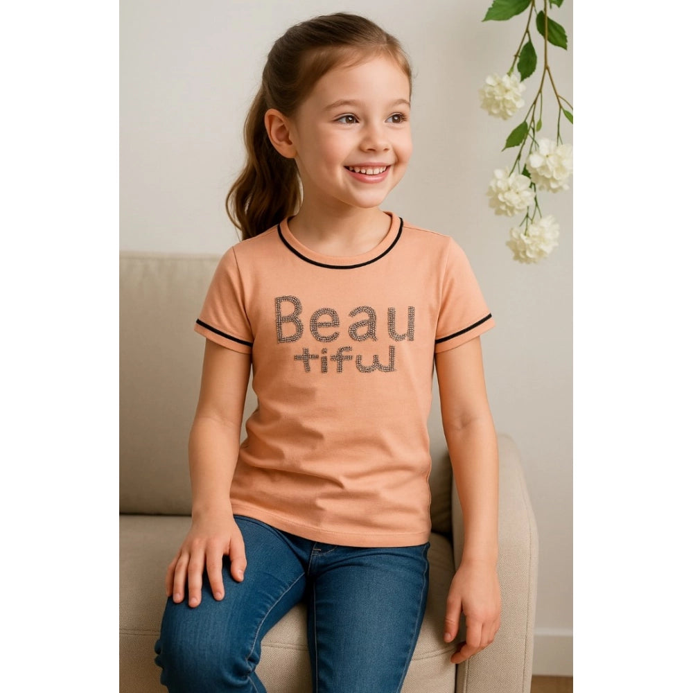 Stunning Girl's Cotton Printed Round Neck T-Shirt (Sandal Beach)