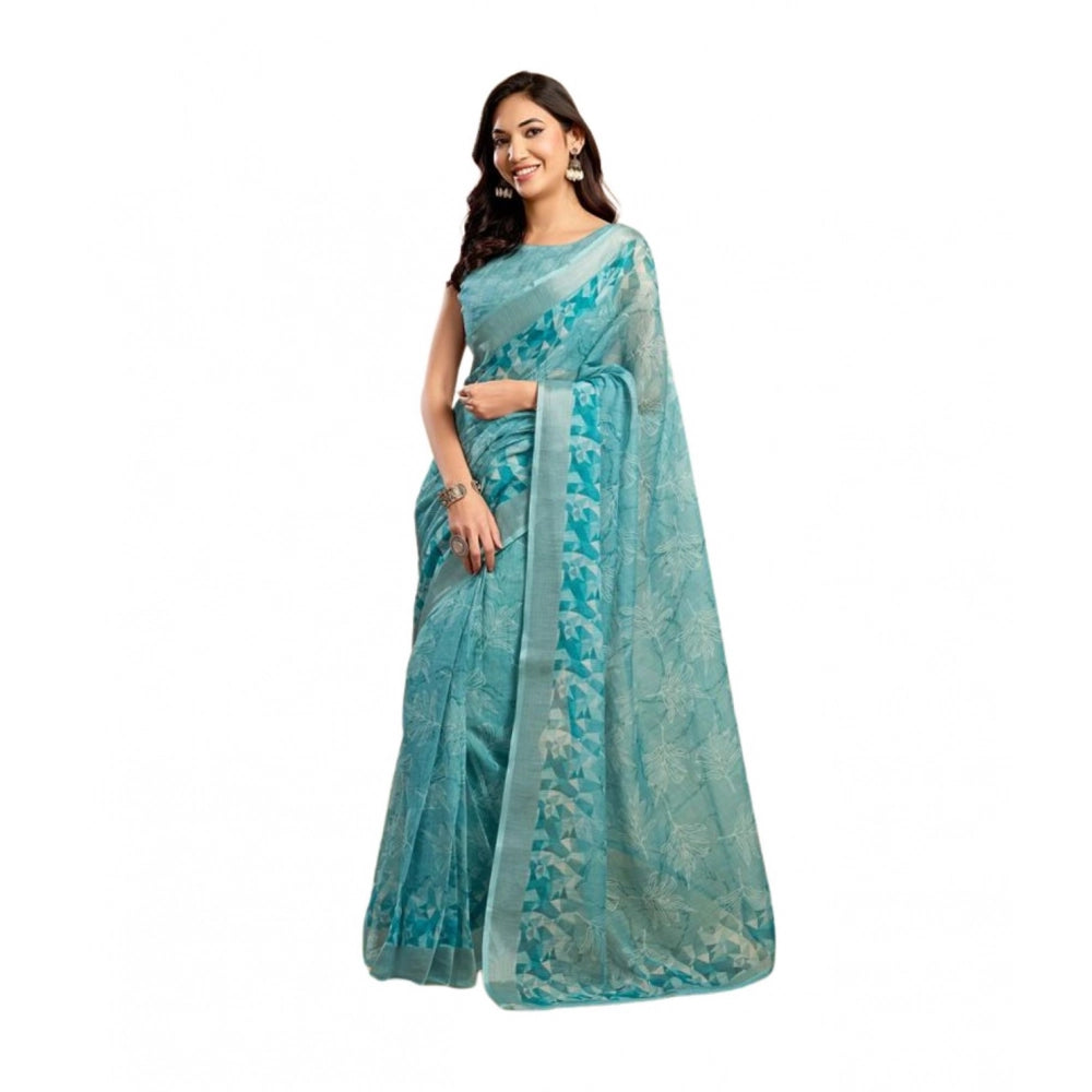 Attractive Women's Faux Linen Printed Ready-to-Wear Saree With Blouse Piece (Aqua Blue)