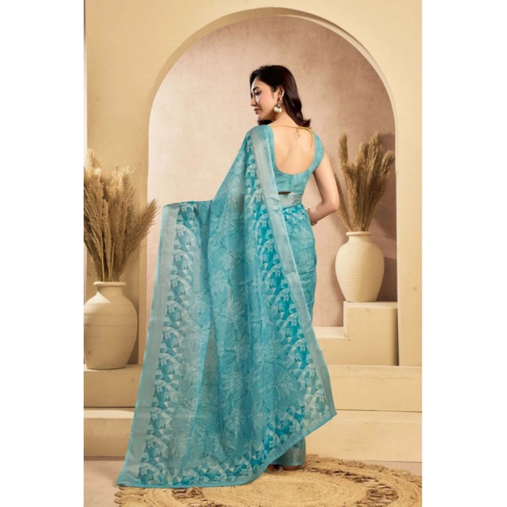 Attractive Women's Faux Linen Printed Ready-to-Wear Saree With Blouse Piece (Aqua Blue)