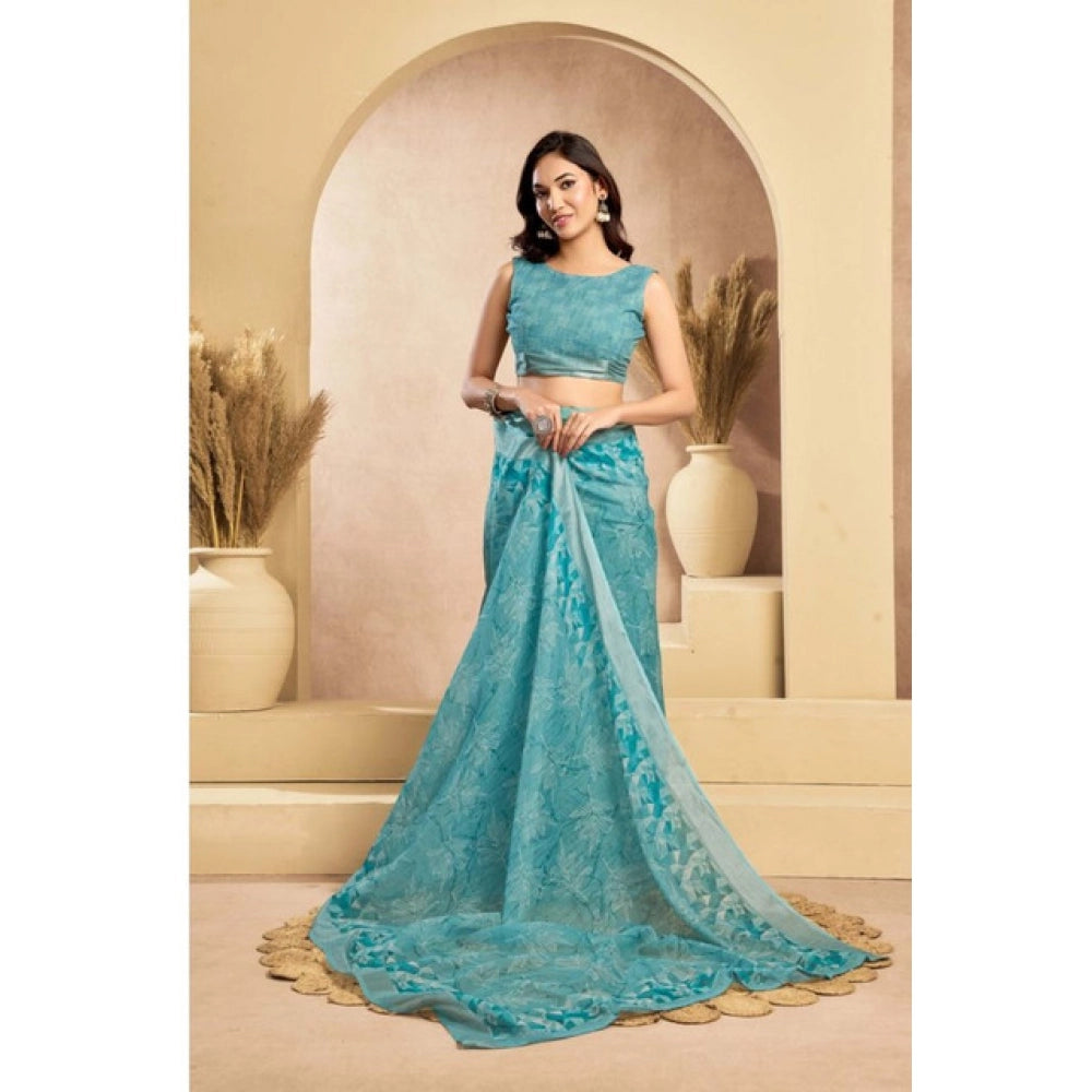 Attractive Women's Faux Linen Printed Ready-to-Wear Saree With Blouse Piece (Aqua Blue)