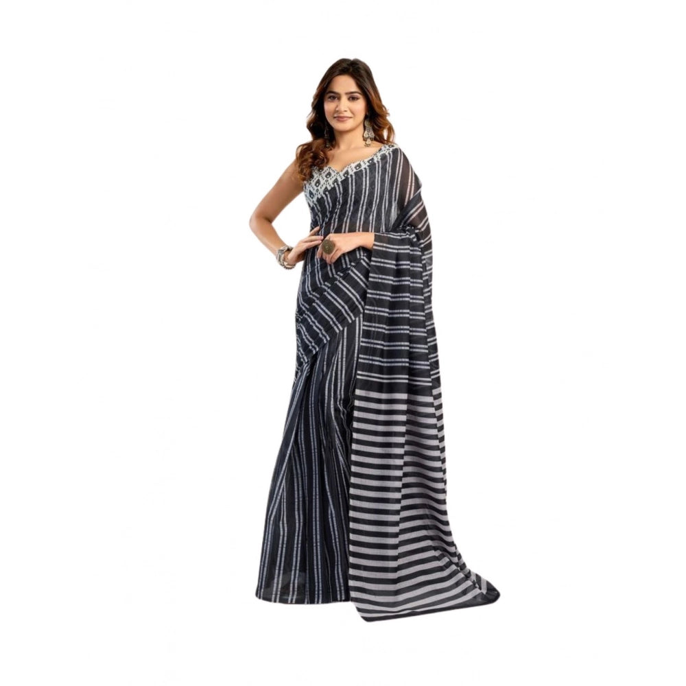 Attractive Women's Faux Linen Printed Ready-to-Wear Saree With Blouse Piece (Black)