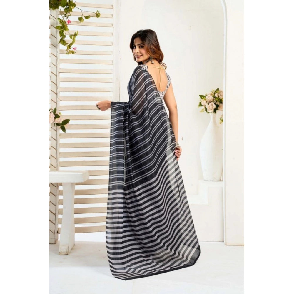 Attractive Women's Faux Linen Printed Ready-to-Wear Saree With Blouse Piece (Black)