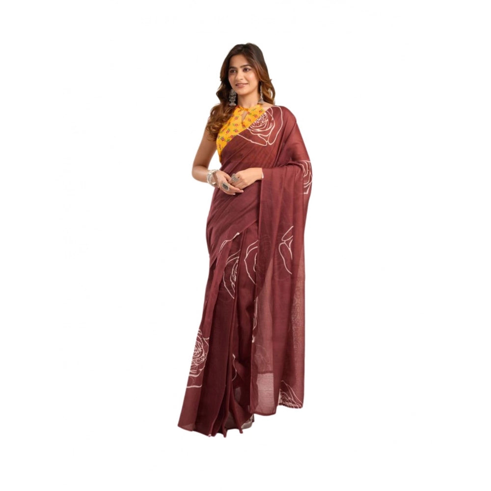 Attractive Women's Faux Linen Printed Ready-to-Wear Saree With Blouse Piece (Brown)