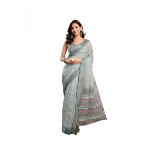 Attractive Women's Faux Linen Printed Ready-to-Wear Saree With Blouse Piece (Grey)
