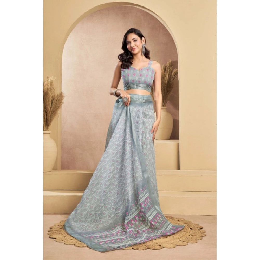 Attractive Women's Faux Linen Printed Ready-to-Wear Saree With Blouse Piece (Grey)