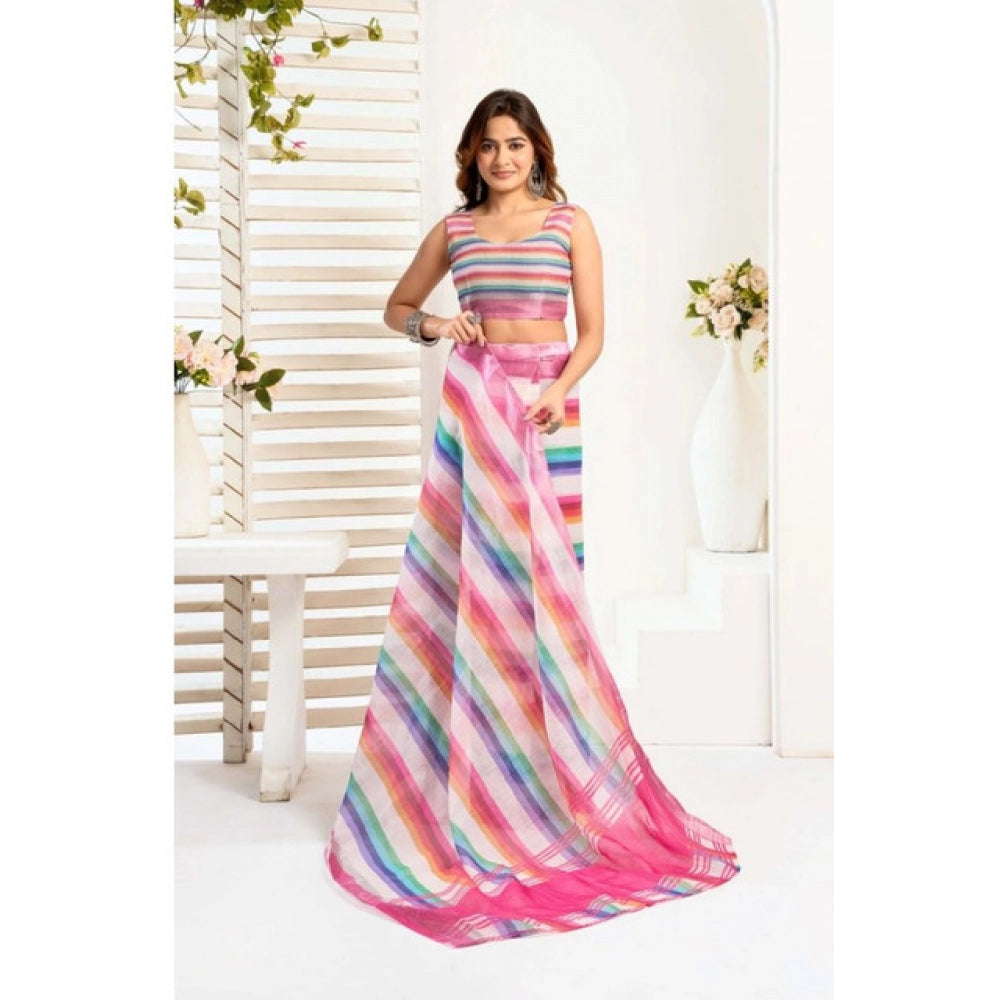 Attractive Women's Faux Linen Printed Ready-to-Wear Saree With Blouse Piece (Multicolor)