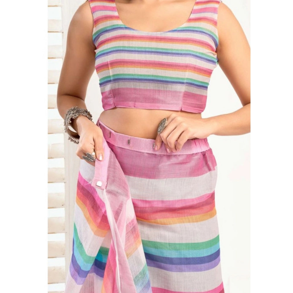 Attractive Women's Faux Linen Printed Ready-to-Wear Saree With Blouse Piece (Multicolor)