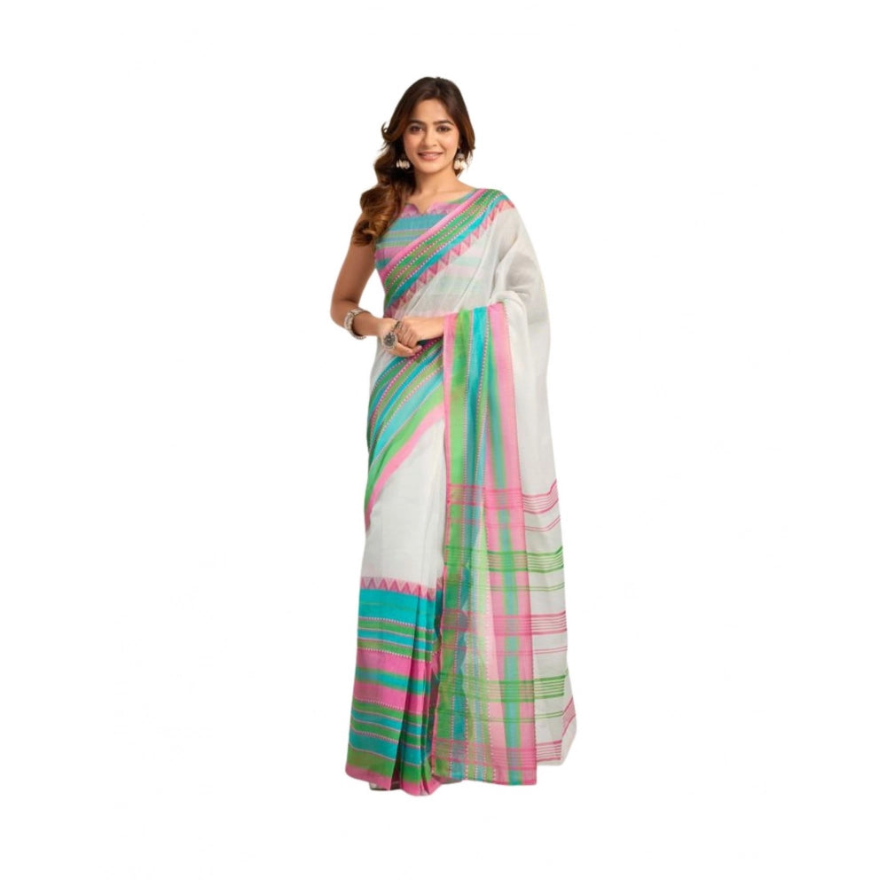 Attractive Women's Faux Linen Printed Ready-to-Wear Saree With Blouse Piece (White)