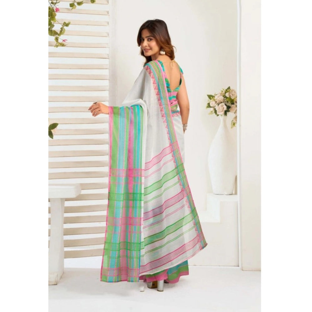 Attractive Women's Faux Linen Printed Ready-to-Wear Saree With Blouse Piece (White)