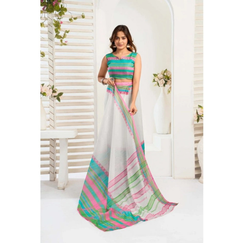 Attractive Women's Faux Linen Printed Ready-to-Wear Saree With Blouse Piece (White)