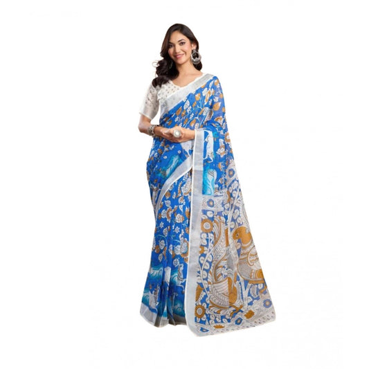 Attractive Women's Faux Linen Printed Ready-to-Wear Saree With Blouse Piece (Blue)