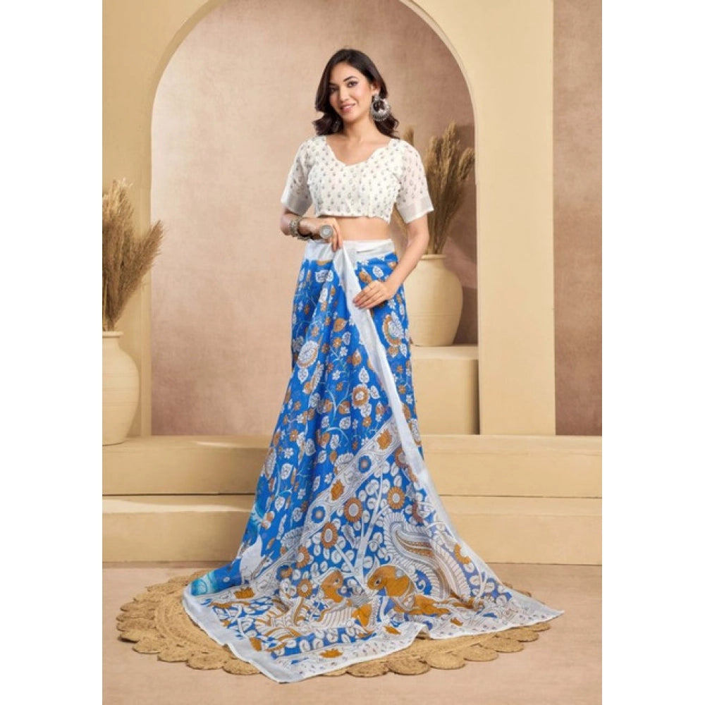 Attractive Women's Faux Linen Printed Ready-to-Wear Saree With Blouse Piece (Blue)