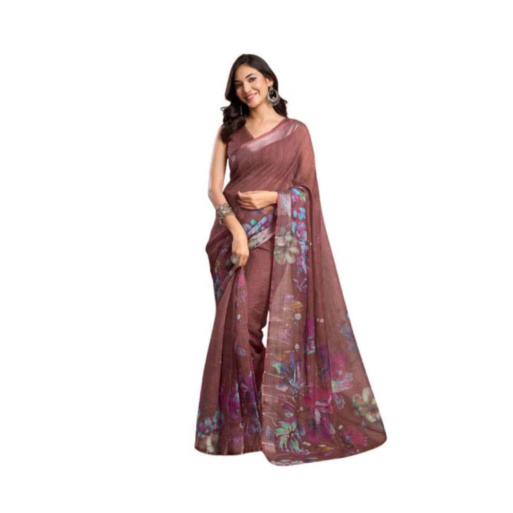 Attractive Women's Faux Linen Printed Ready-to-Wear Saree With Blouse Piece (Brown)