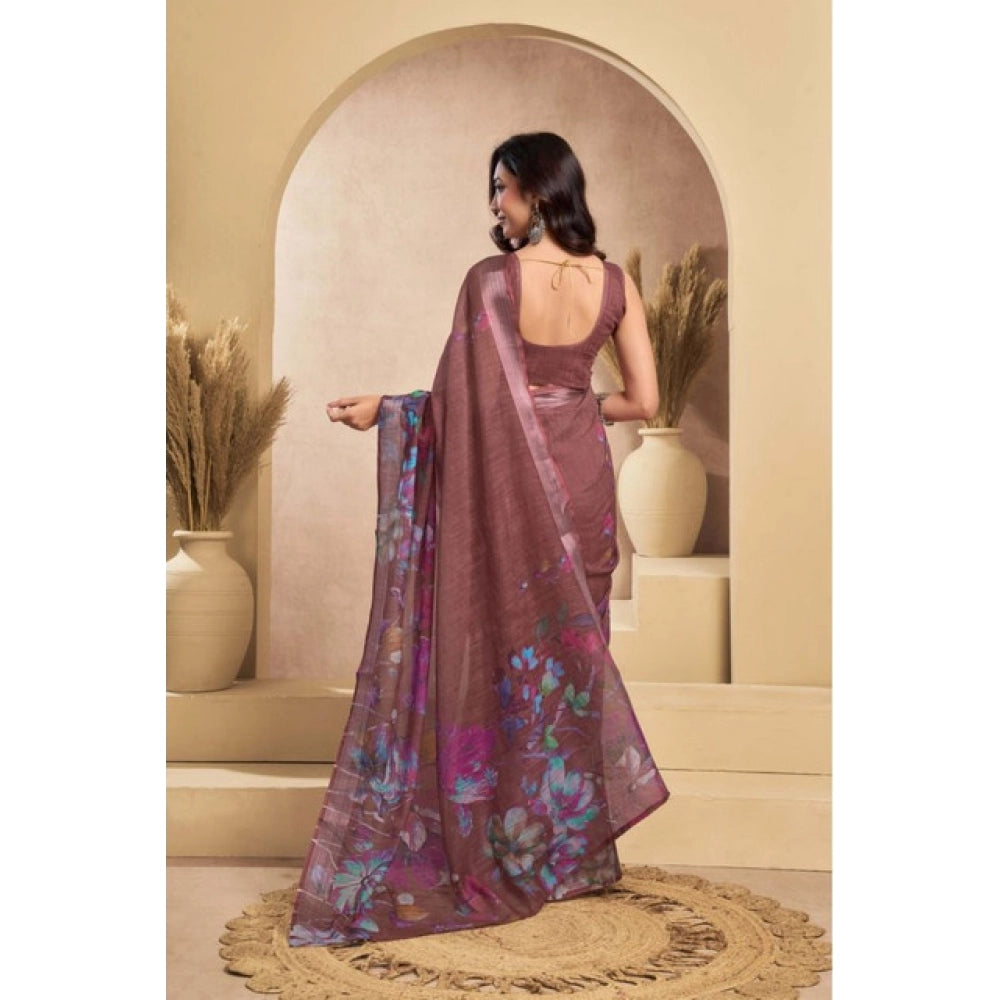 Attractive Women's Faux Linen Printed Ready-to-Wear Saree With Blouse Piece (Brown)