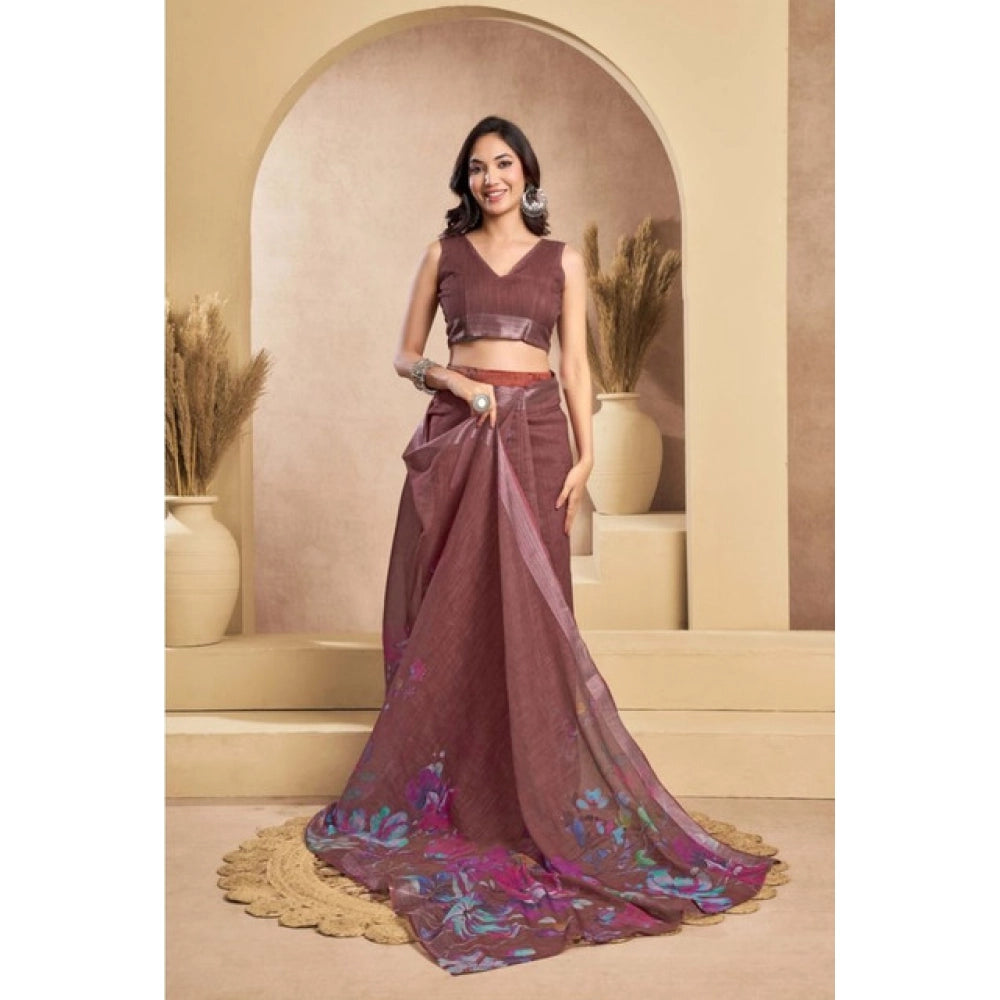 Attractive Women's Faux Linen Printed Ready-to-Wear Saree With Blouse Piece (Brown)