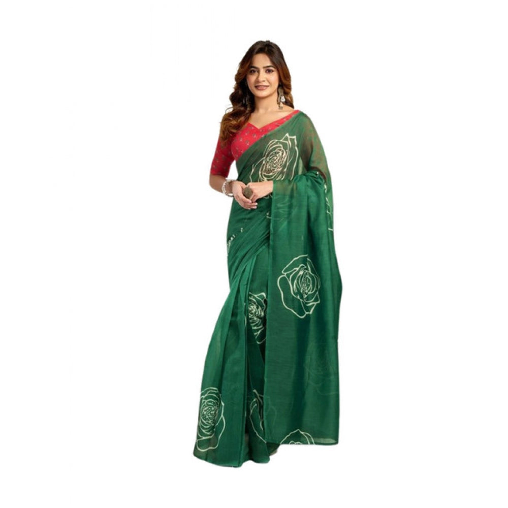 Attractive Women's Faux Linen Printed Ready-to-Wear Saree With Blouse Piece (Dark Green)