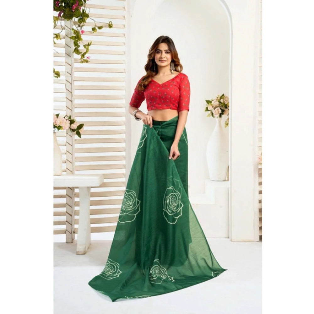 Attractive Women's Faux Linen Printed Ready-to-Wear Saree With Blouse Piece (Dark Green)
