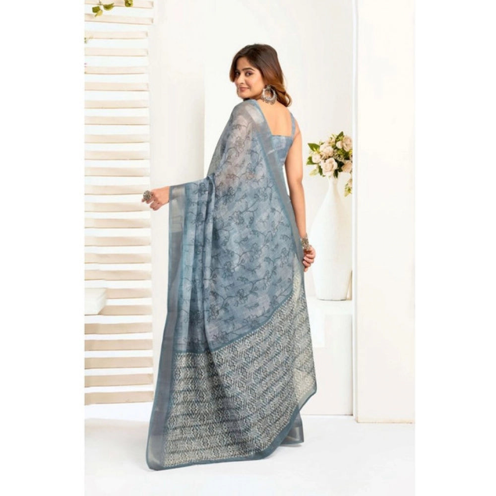 Attractive Women's Faux Linen Printed Ready-to-Wear Saree With Blouse Piece (Light Blue)