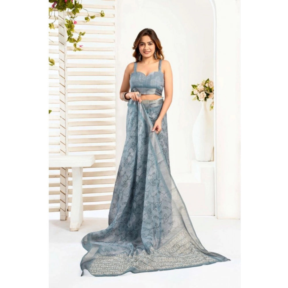 Attractive Women's Faux Linen Printed Ready-to-Wear Saree With Blouse Piece (Light Blue)