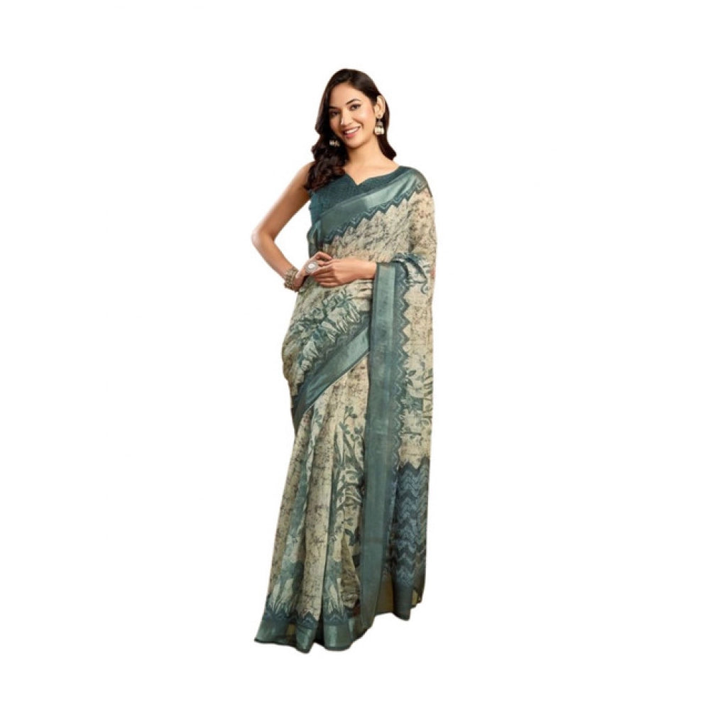 Attractive Women's Faux Linen Printed Ready-to-Wear Saree With Blouse Piece (Light Grey)