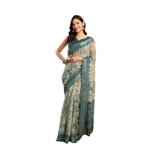 Attractive Women's Faux Linen Printed Ready-to-Wear Saree With Blouse Piece (Light Grey)