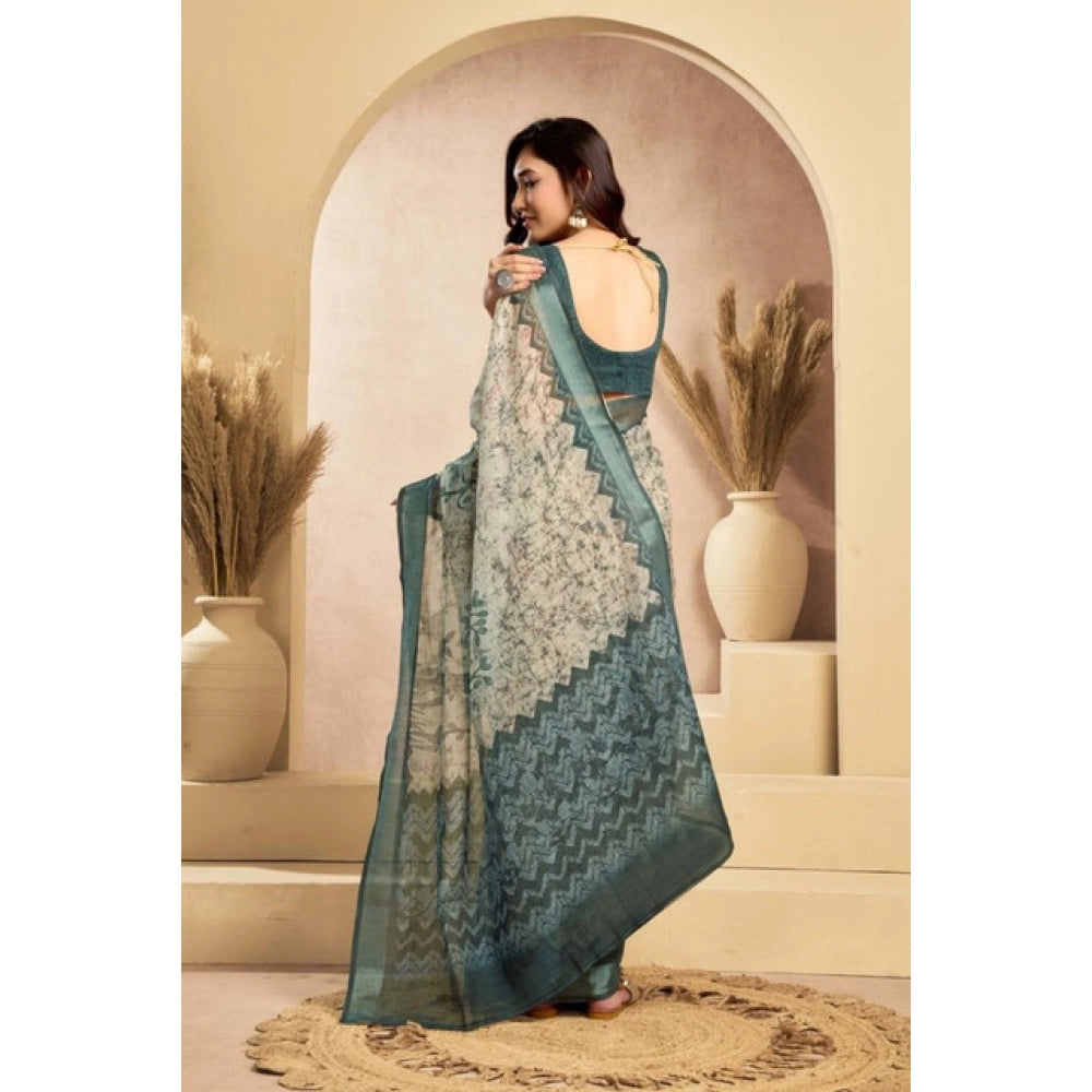 Attractive Women's Faux Linen Printed Ready-to-Wear Saree With Blouse Piece (Light Grey)