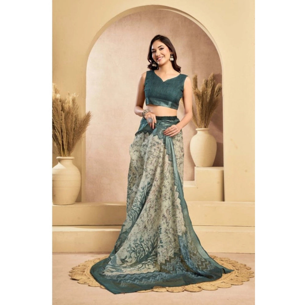 Attractive Women's Faux Linen Printed Ready-to-Wear Saree With Blouse Piece (Light Grey)