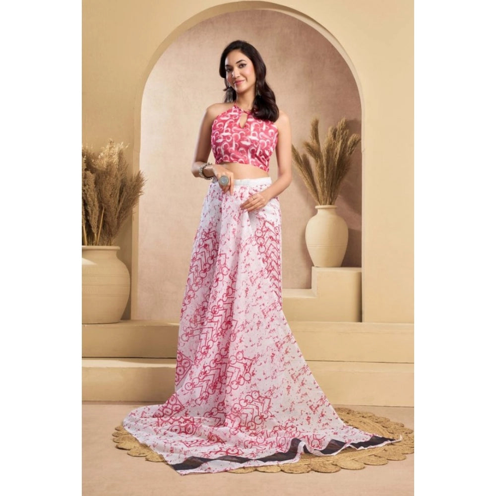 Attractive Women's Faux Linen Printed Ready-to-Wear Saree With Blouse Piece (Pink)