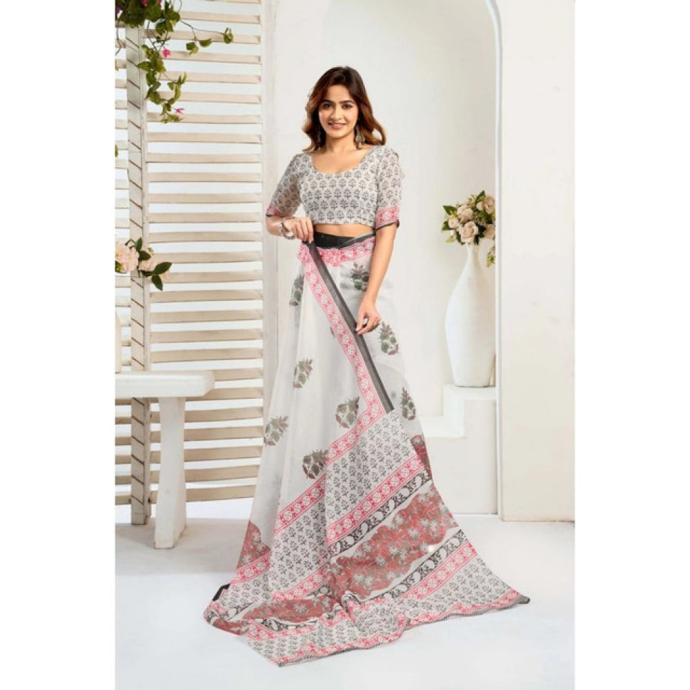 Attractive Women's Faux Linen Printed Ready-to-Wear Saree With Blouse Piece (White)