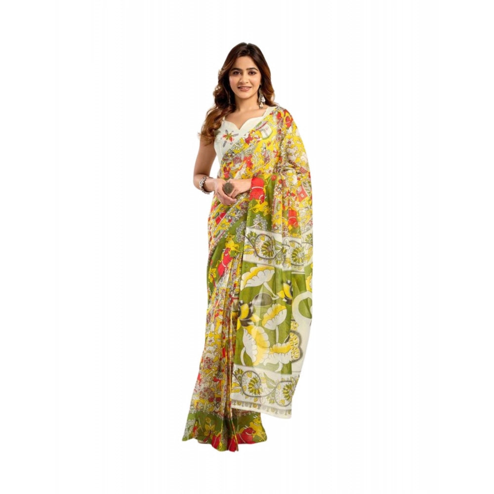 Designer Women's Faux Linen Printed Ready-to-Wear Saree With Blouse Piece (Multicolor)