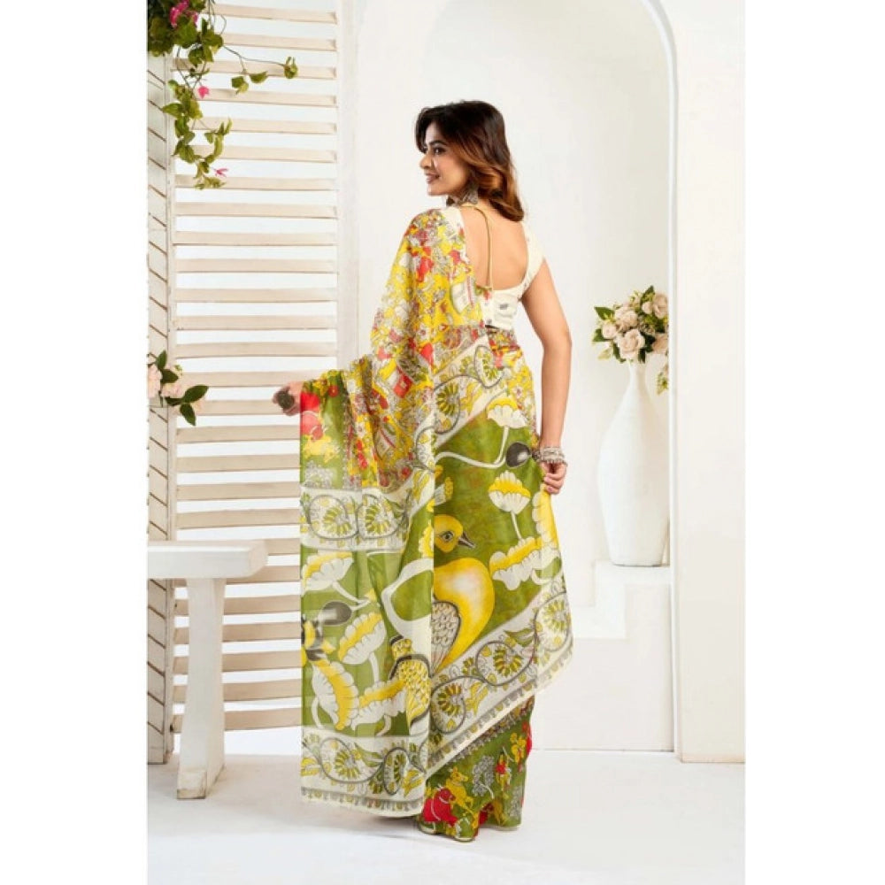 Designer Women's Faux Linen Printed Ready-to-Wear Saree With Blouse Piece (Multicolor)