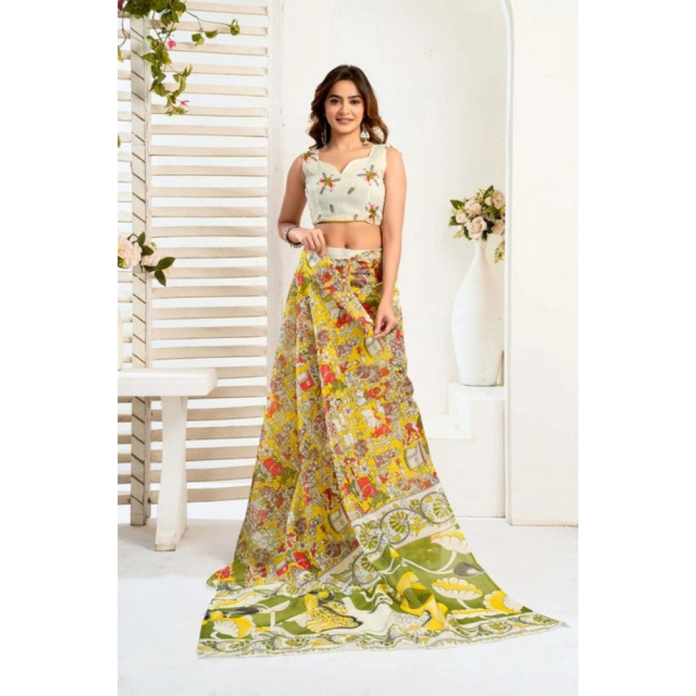 Designer Women's Faux Linen Printed Ready-to-Wear Saree With Blouse Piece (Multicolor)