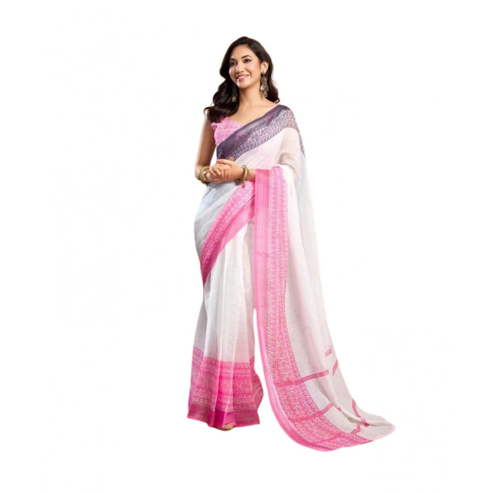 Designer Women's Faux Linen Printed Ready-to-Wear Saree With Blouse Piece (Off White)