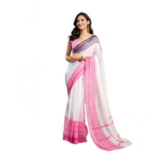 Designer Women's Faux Linen Printed Ready-to-Wear Saree With Blouse Piece (Off White)