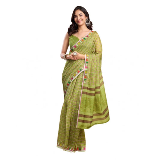 Designer Women's Faux Linen Printed Ready-to-Wear Saree With Blouse Piece (Olive)