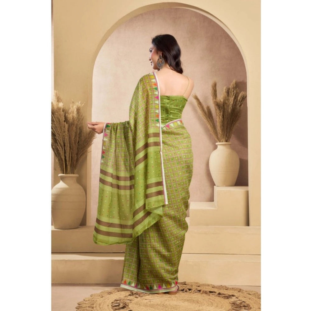 Designer Women's Faux Linen Printed Ready-to-Wear Saree With Blouse Piece (Olive)